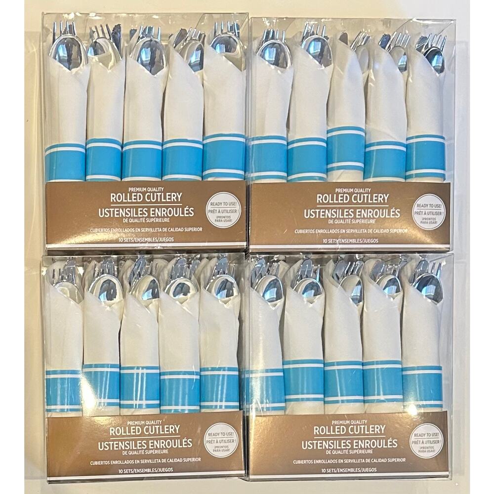 Carribean Blue Premium Rolled Cutlery Sets - Inc. Fork, Knife, & Spoon, 4 boxes
